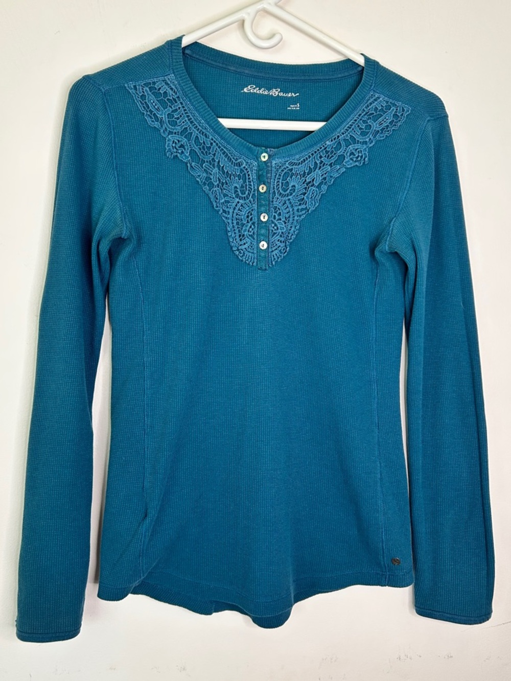 EDDIE BAUER Teal Blue Waffle Knit Henley with Lace Yoke SZ S